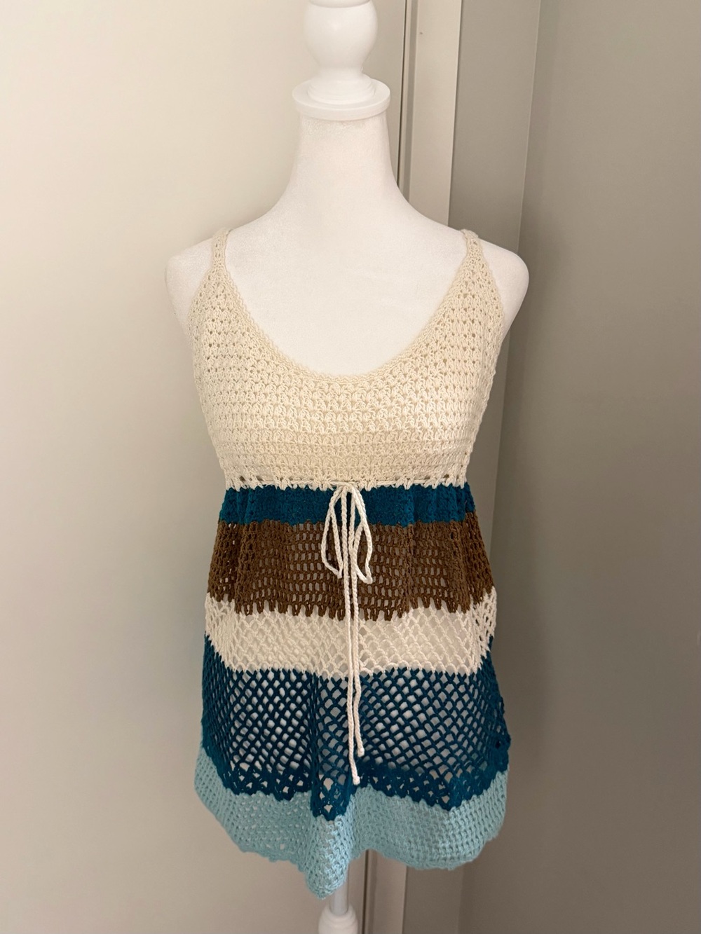 Y2K Old Navy Crochet Striped Tank with Elastic Babydoll Waist